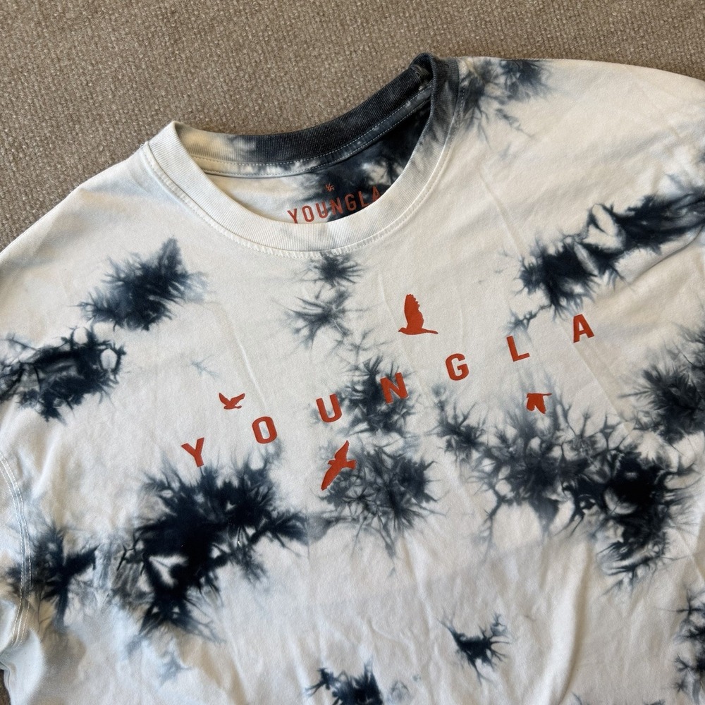 YoungLA Shirt Mens Large Blue White Tie Dye Logo  Crew Neck Long Sleeve Pullover